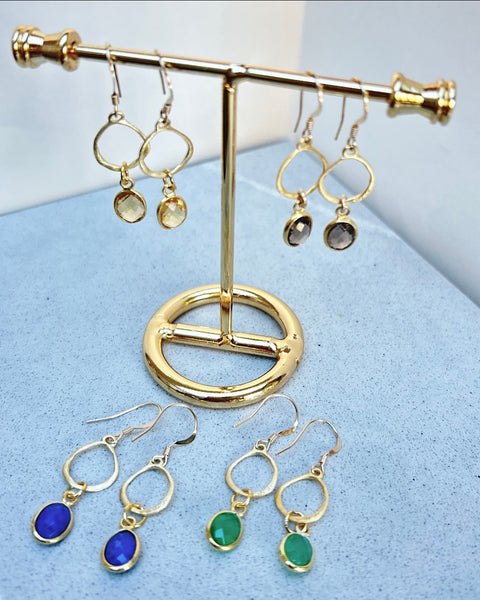 Gemstone on Brushed Gold Drop Earrings
