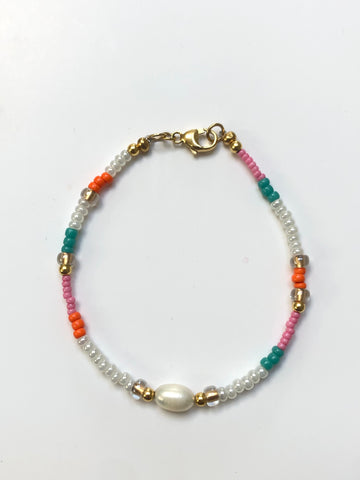 Turquoise & Orange Miyuki Bead and Pearl Bracelet