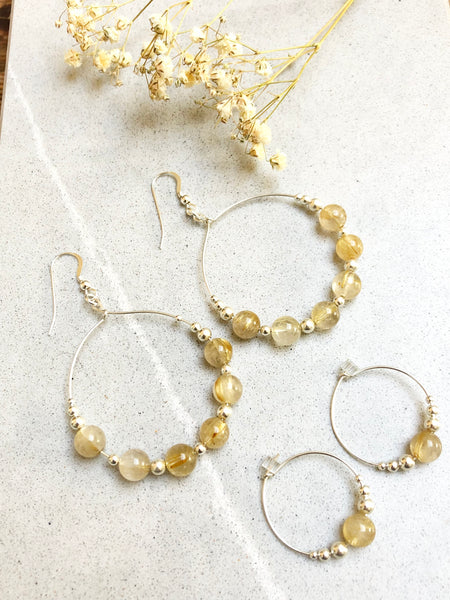 Golden Rutile Quartz on Sterling Silver Hoops