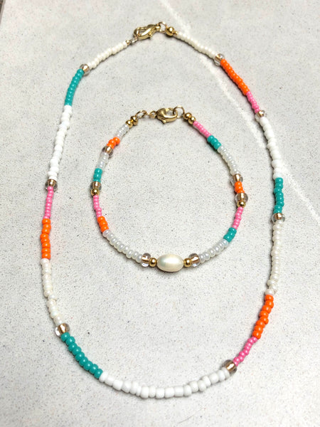 Turquoise & Orange Miyuki Bead and Pearl Bracelet