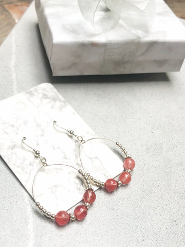 Coral Agate and Sterling Silver Hoops