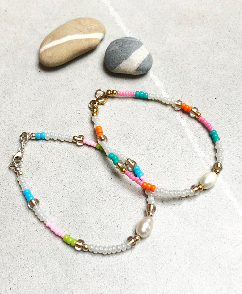 Turquoise & Orange Miyuki Bead and Pearl Bracelet