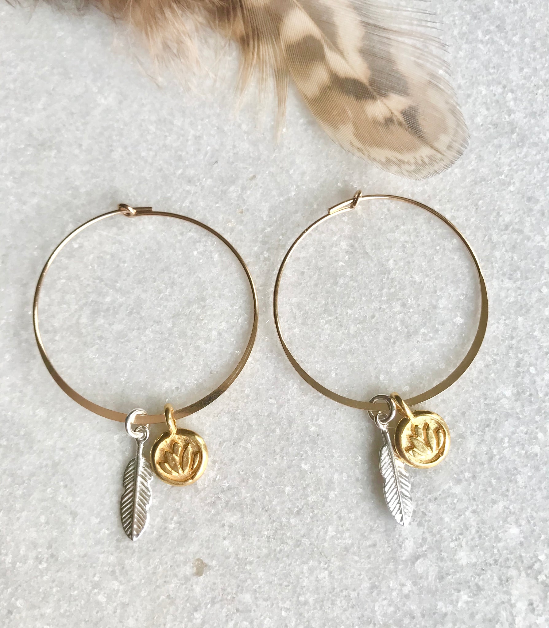 Gold Vermeil Hoop and Silver Feather Earrings