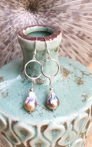 Large Pearl and Silver Circle Drop Earrings