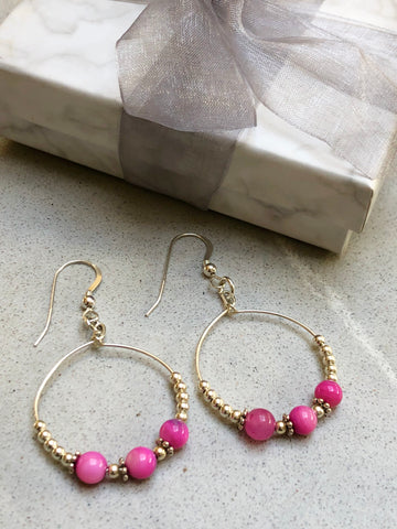 Pink Agate and Sterling Silver Hoops