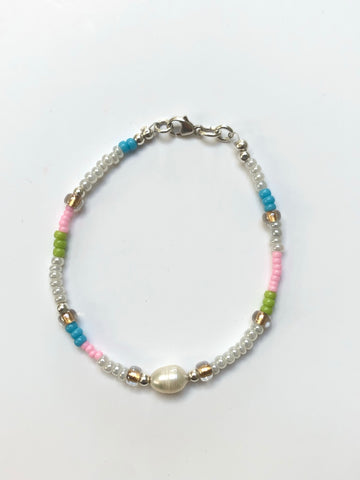 Blue, Pink and Pearl Miyuki Bead Bracelet