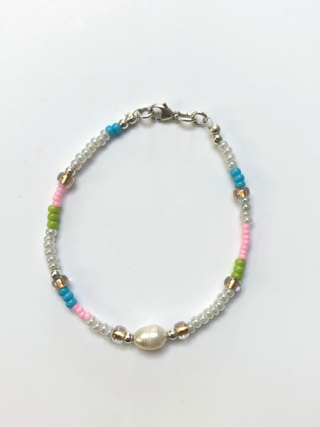 Turquoise & Orange Miyuki Bead and Pearl Bracelet